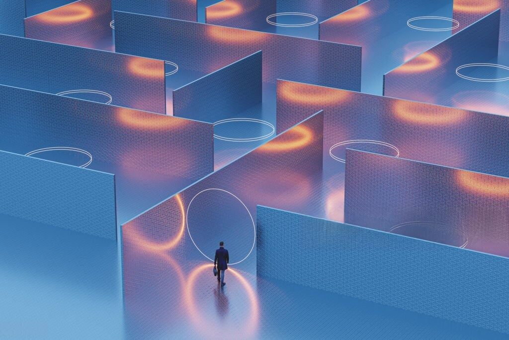 Businessman navigating through a futuristic digital maze with glowing portals.
