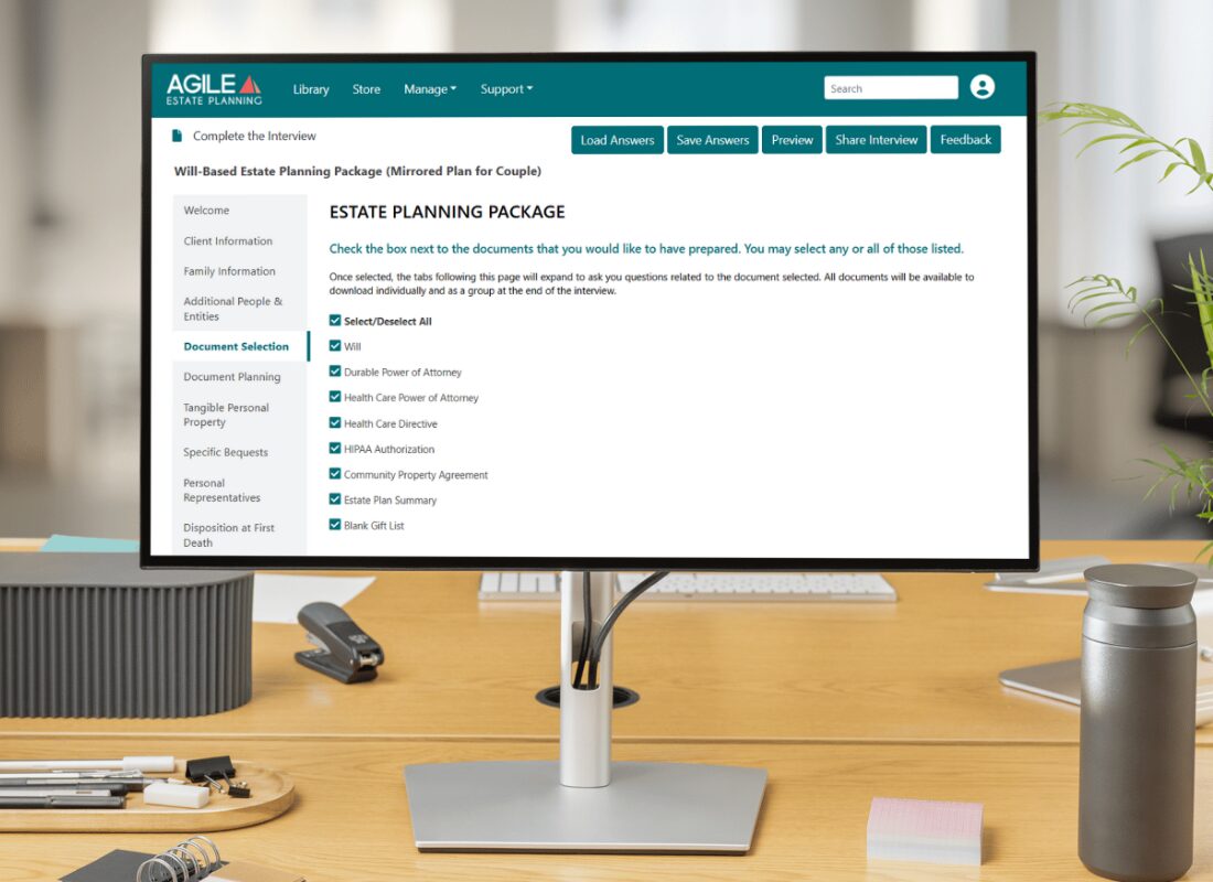 Estate Planning Software Interface – A computer screen displays estate planning document selection options from Agile Estate Planning.
