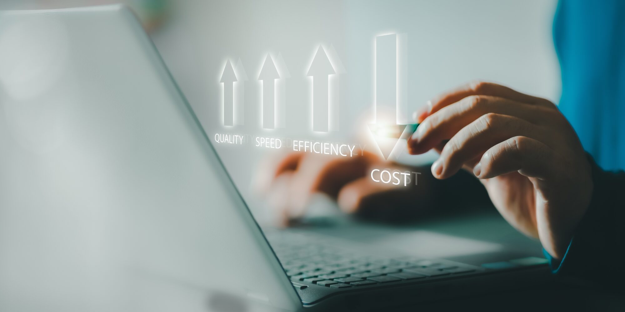 Businessman using a laptop with virtual icons showing improvement in quality, speed, efficiency, and reduced cost.