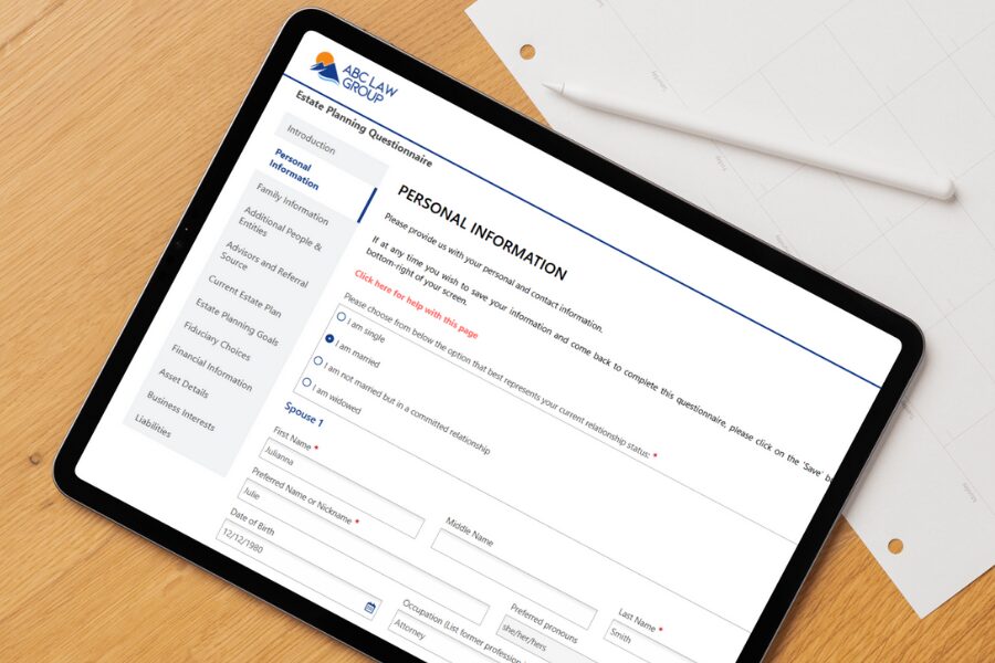 Estate planning questionnaire form displayed on a tablet.